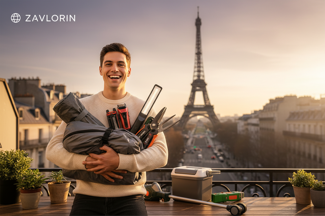faca outro modelo, algo que apareça alguem , segurando produtos, de fundo a torre eifel, algo assim 